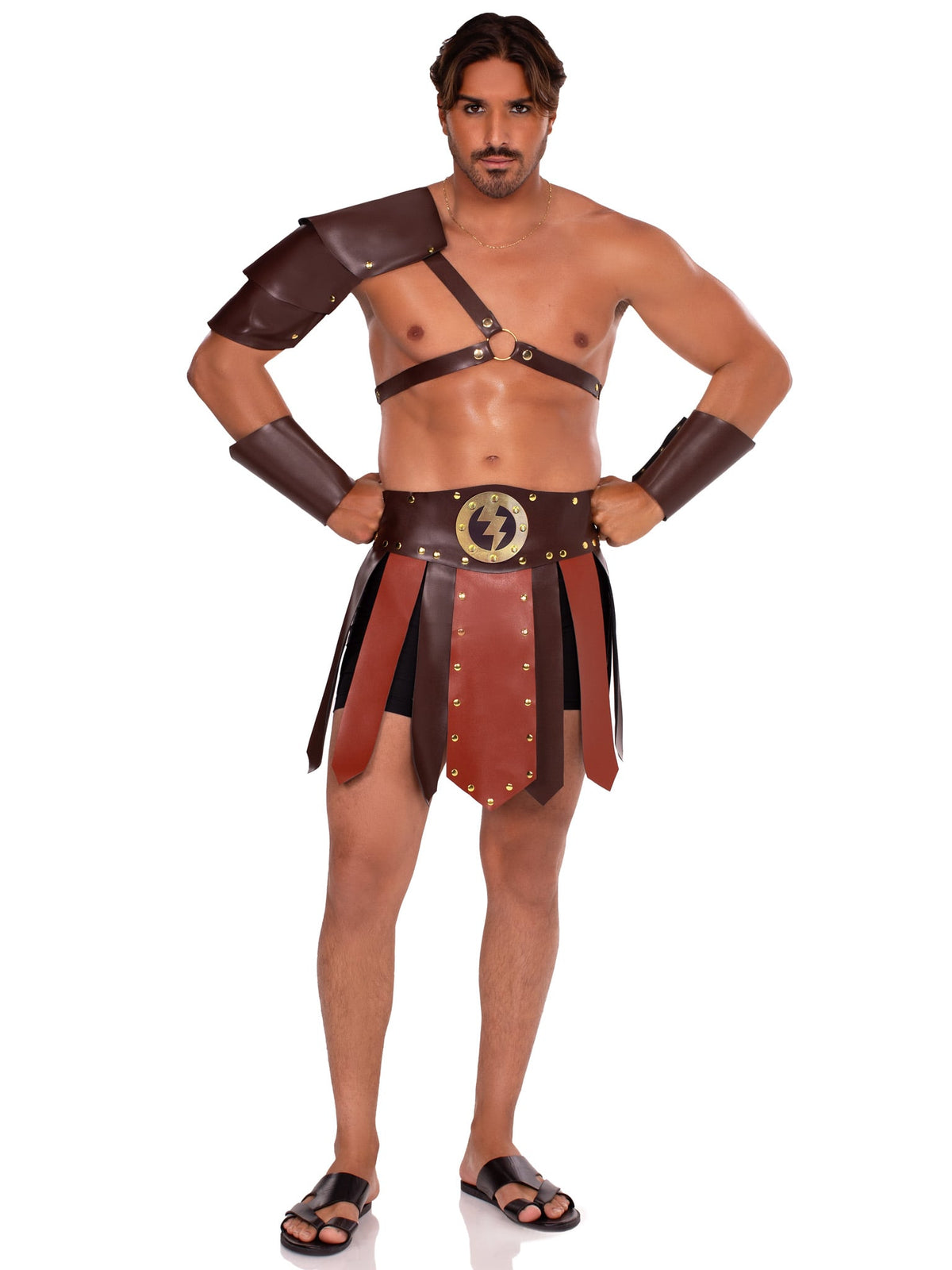 Men's 3 PC Gladiator Costume, Includes Faux-Leather Paneled Skirt, Armored Shoulder Harness, and Wrist Cuff
