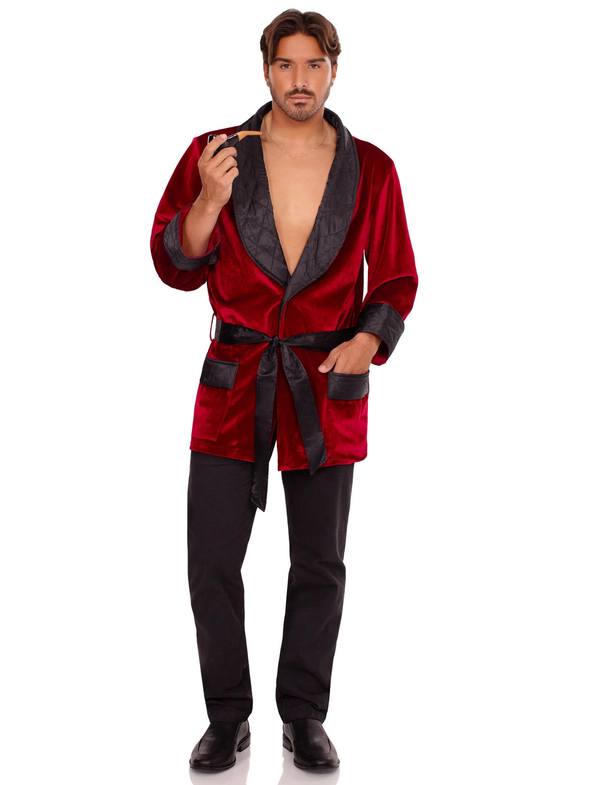 Men's 3 PC Deluxe Bachelor Costume, Includes Velvet Smoking Jacket with Quilted Collar, Belt, and Pipe