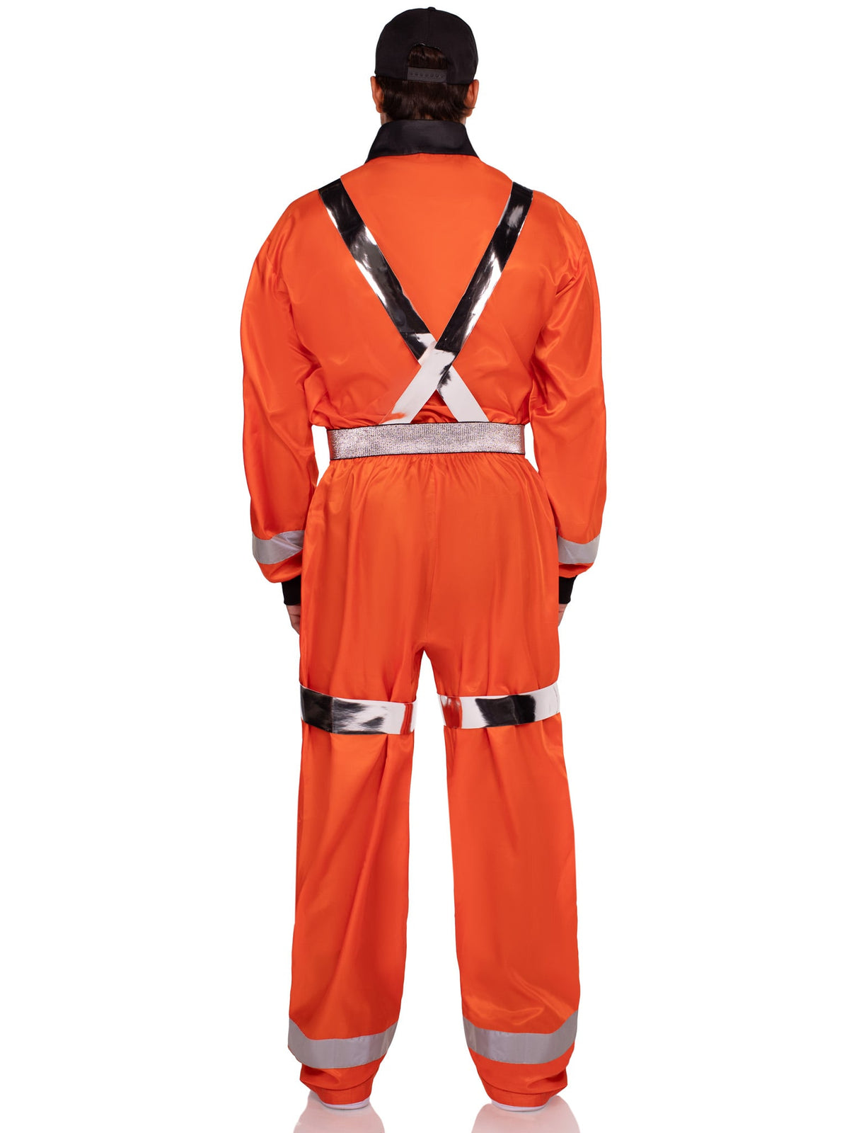 Men's 3 PC Cosmic Astronaut Costume, Includes Zip-Up Jumpsuit with Pockets and Reflective Trim, Metallic Body Harness, and Hat