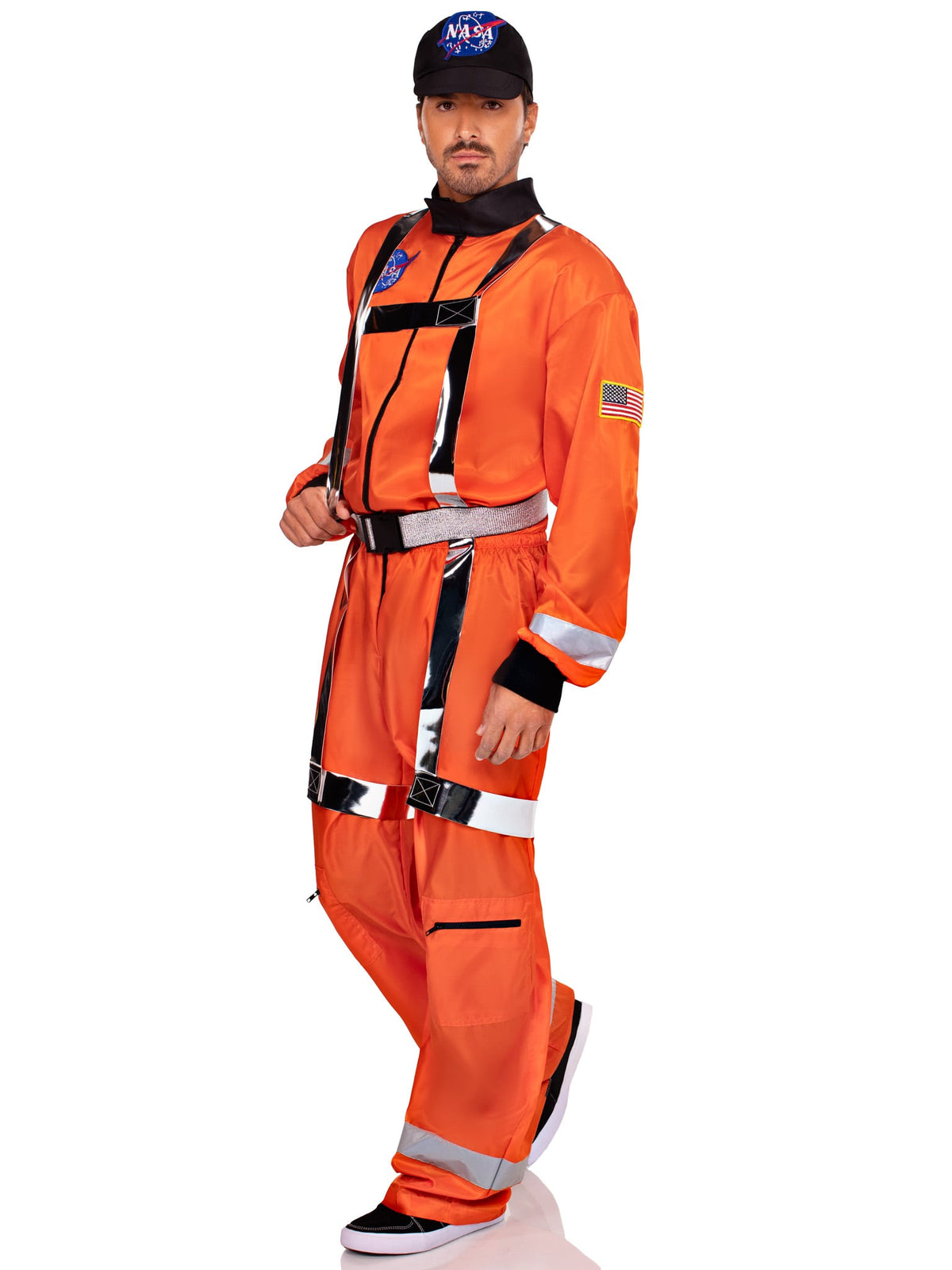 Men's 3 PC Cosmic Astronaut Costume, Includes Zip-Up Jumpsuit with Pockets and Reflective Trim, Metallic Body Harness, and Hat