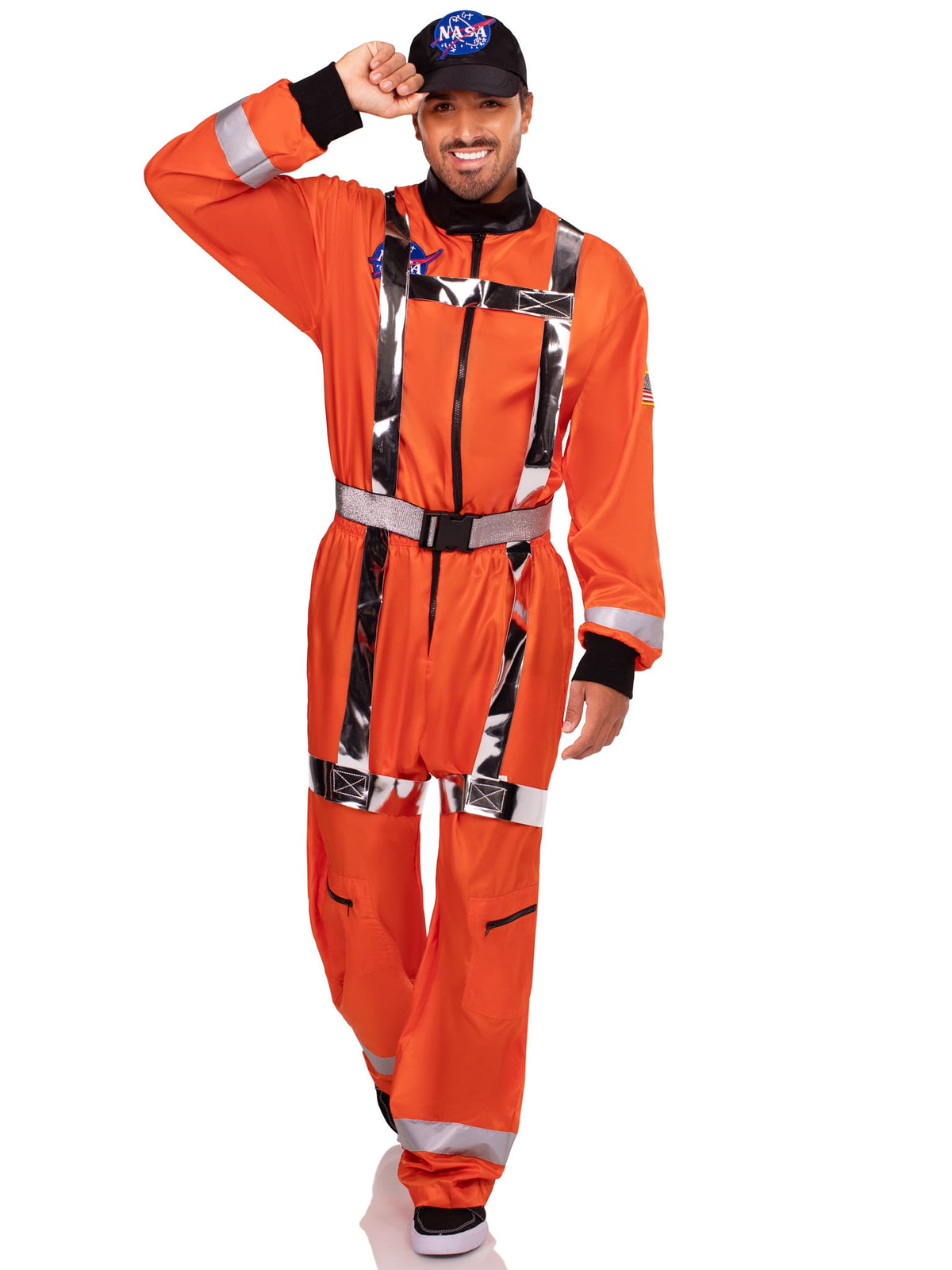 Men's 3 PC Cosmic Astronaut Costume, Includes Zip-Up Jumpsuit with Pockets and Reflective Trim, Metallic Body Harness, and Hat