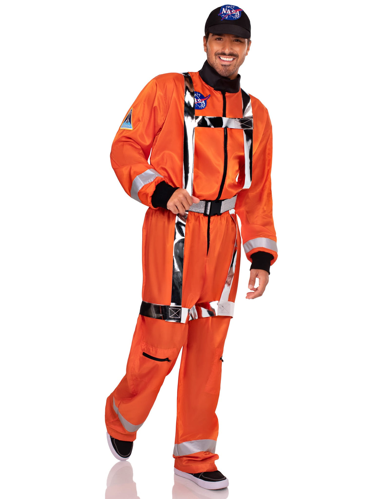 Men's 3 PC Cosmic Astronaut Costume, Includes Zip-Up Jumpsuit with Pockets and Reflective Trim, Metallic Body Harness, and Hat