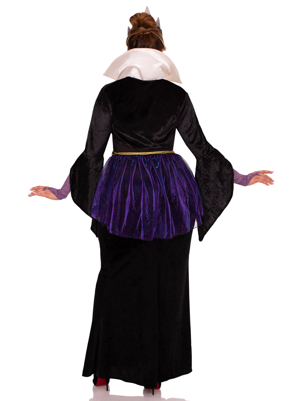 Plus Size 4 PC Evil Queen Costume, Includes High-Slit Gown with Velvet Brocade Detail and Iridescent Overlay, Velvet Shrug with Jewel Closure and Gauntlet Sleeve, Gold Rope Belt, and Crown