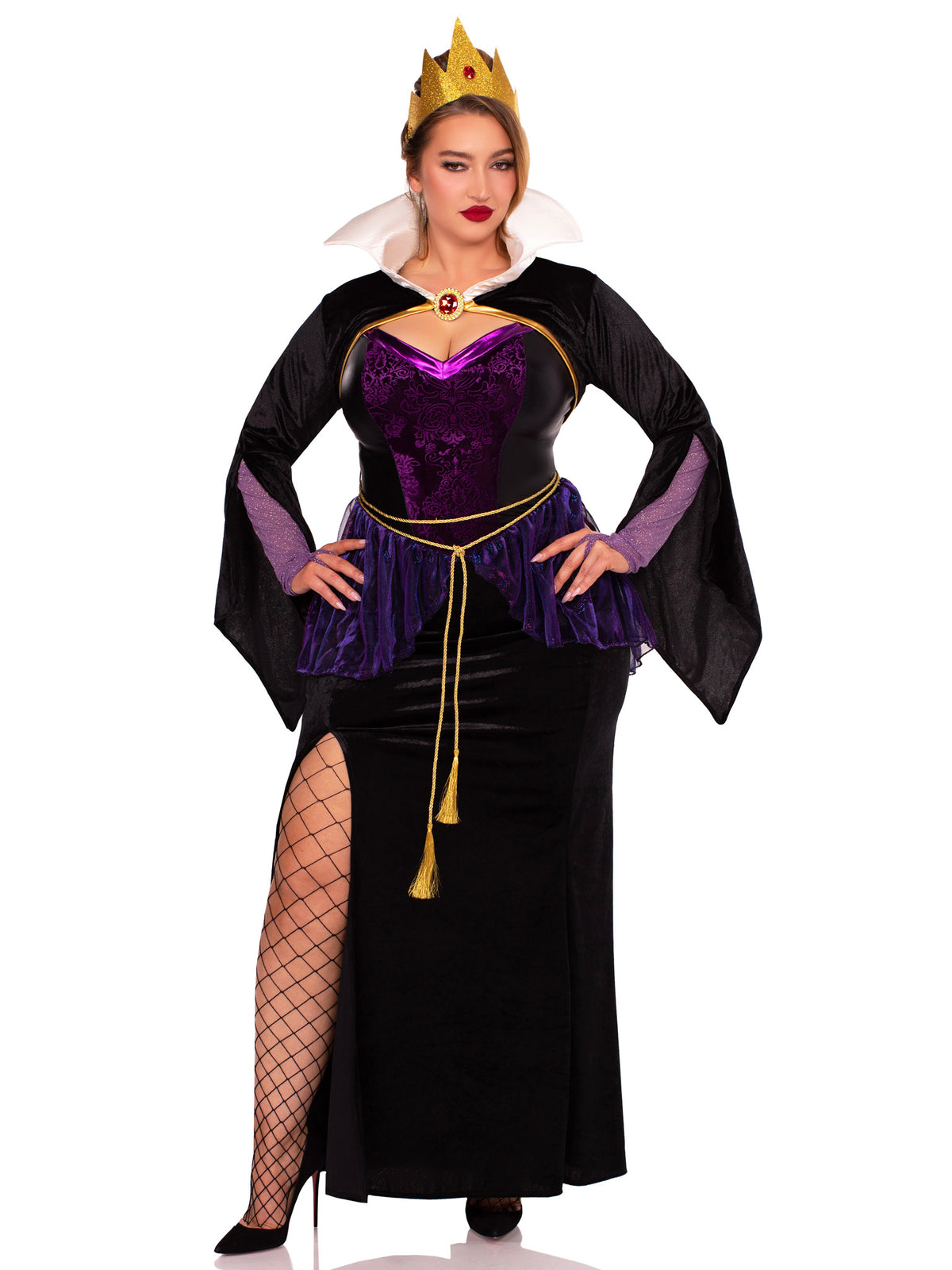 Plus Size 4 PC Evil Queen Costume, Includes High-Slit Gown with Velvet Brocade Detail and Iridescent Overlay, Velvet Shrug with Jewel Closure and Gauntlet Sleeve, Gold Rope Belt, and Crown