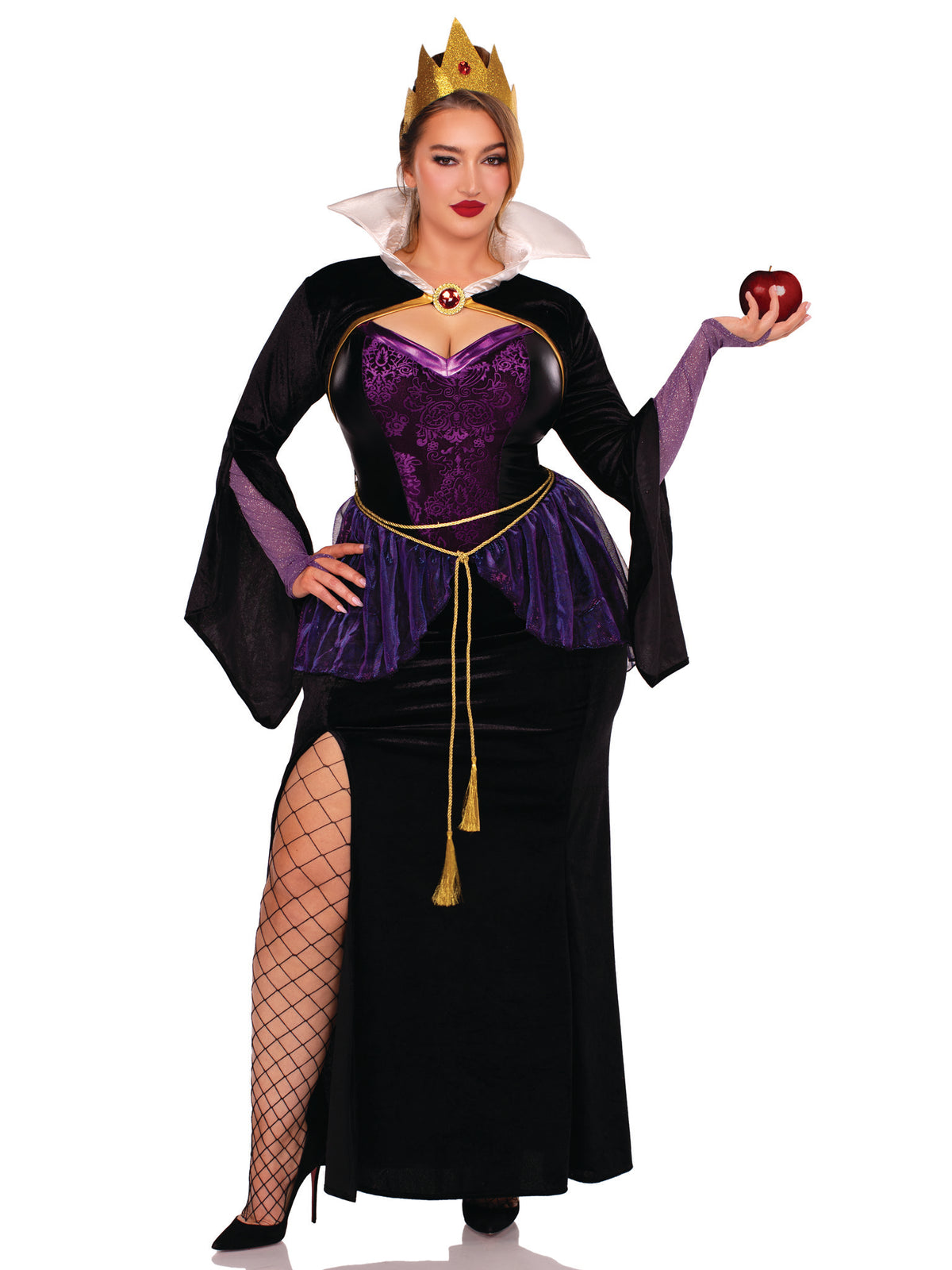 Plus Size 4 PC Evil Queen Costume, Includes High-Slit Gown with Velvet Brocade Detail and Iridescent Overlay, Velvet Shrug with Jewel Closure and Gauntlet Sleeve, Gold Rope Belt, and Crown