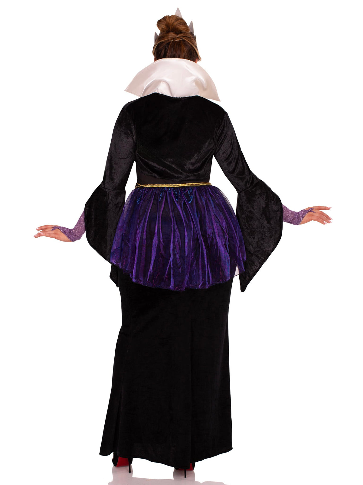 Plus Size 4 PC Evil Queen Costume, Includes High-Slit Gown with Velvet Brocade Detail and Iridescent Overlay, Velvet Shrug with Jewel Closure and Gauntlet Sleeve, Gold Rope Belt, and Crown
