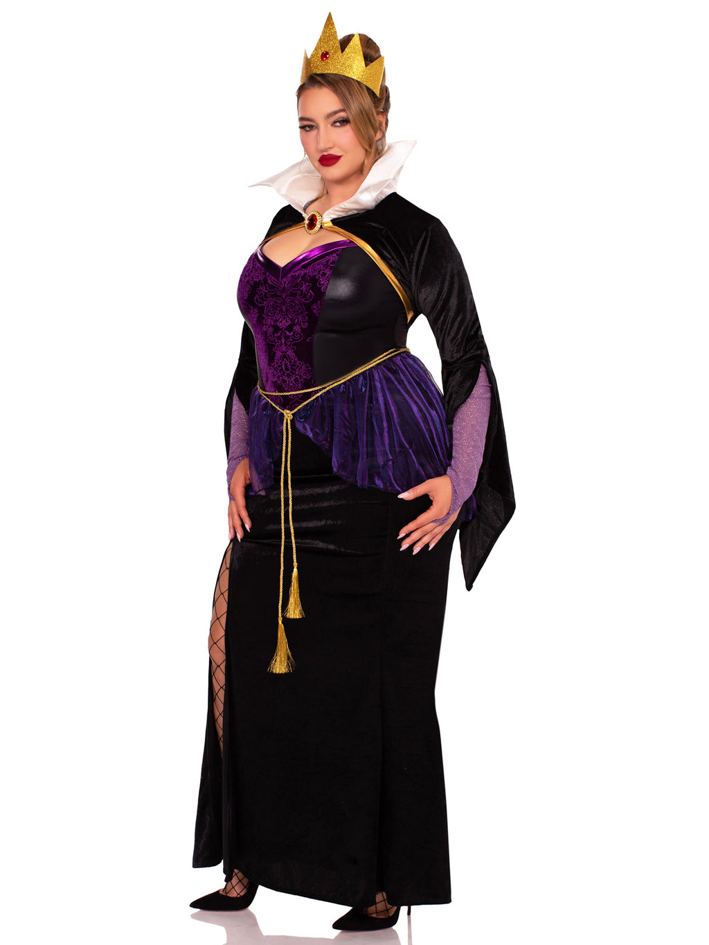 Plus Size 4 PC Evil Queen Costume, Includes High-Slit Gown with Velvet Brocade Detail and Iridescent Overlay, Velvet Shrug with Jewel Closure and Gauntlet Sleeve, Gold Rope Belt, and Crown