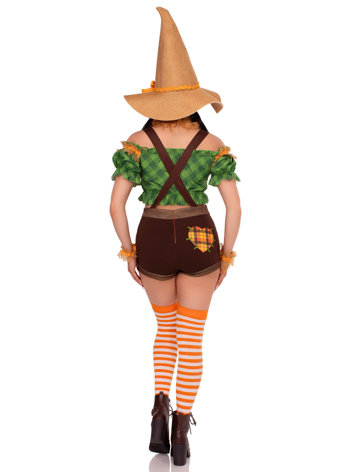 5 PC Scarecrow Sweetie Costume, Includes Top, Suspender Shorts with Patch Accents, Wrist Cuffs, Choker, and Hat