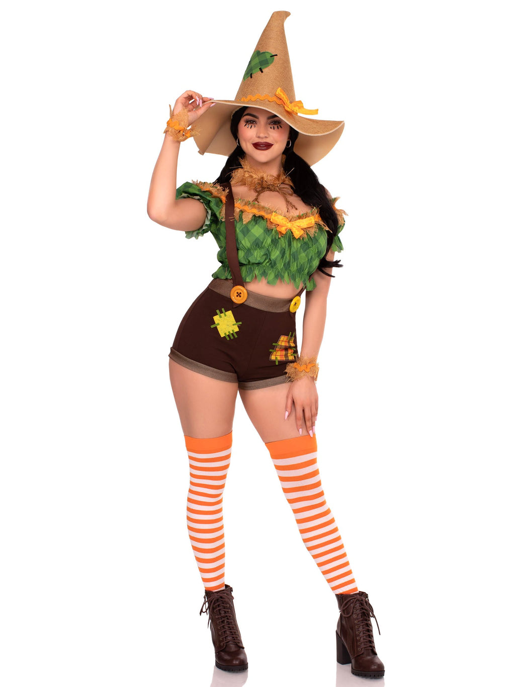 5 PC Scarecrow Sweetie Costume, Includes Top, Suspender Shorts with Patch Accents, Wrist Cuffs, Choker, and Hat