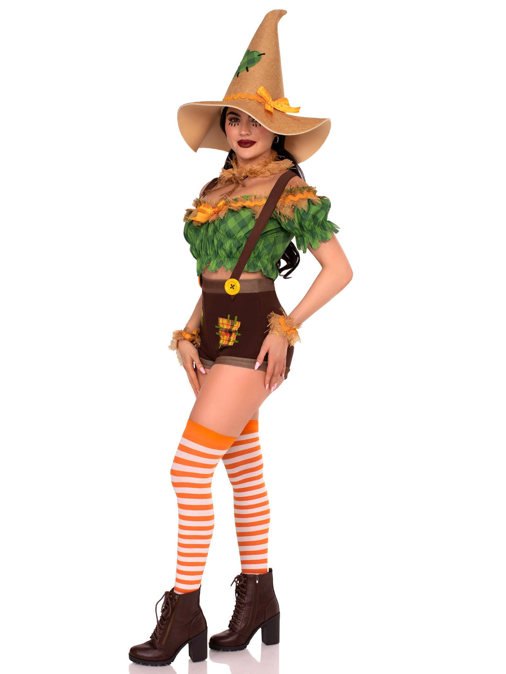 5 PC Scarecrow Sweetie Costume, Includes Top, Suspender Shorts with Patch Accents, Wrist Cuffs, Choker, and Hat