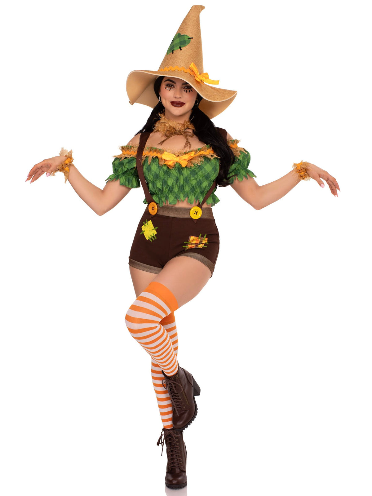 5 PC Scarecrow Sweetie Costume, Includes Top, Suspender Shorts with Patch Accents, Wrist Cuffs, Choker, and Hat
