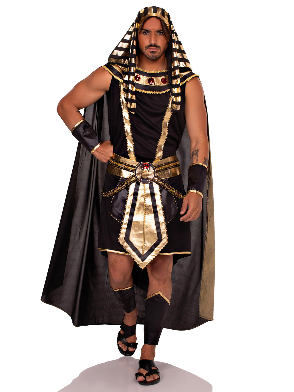 Men's 6 PC Pharaoh Costume, Includes Tank Top, Jeweled Collar with Attached Cape, Shorts with Attached Panel Belt, Wrist Cuffs, Leg Guards, and Head Piece