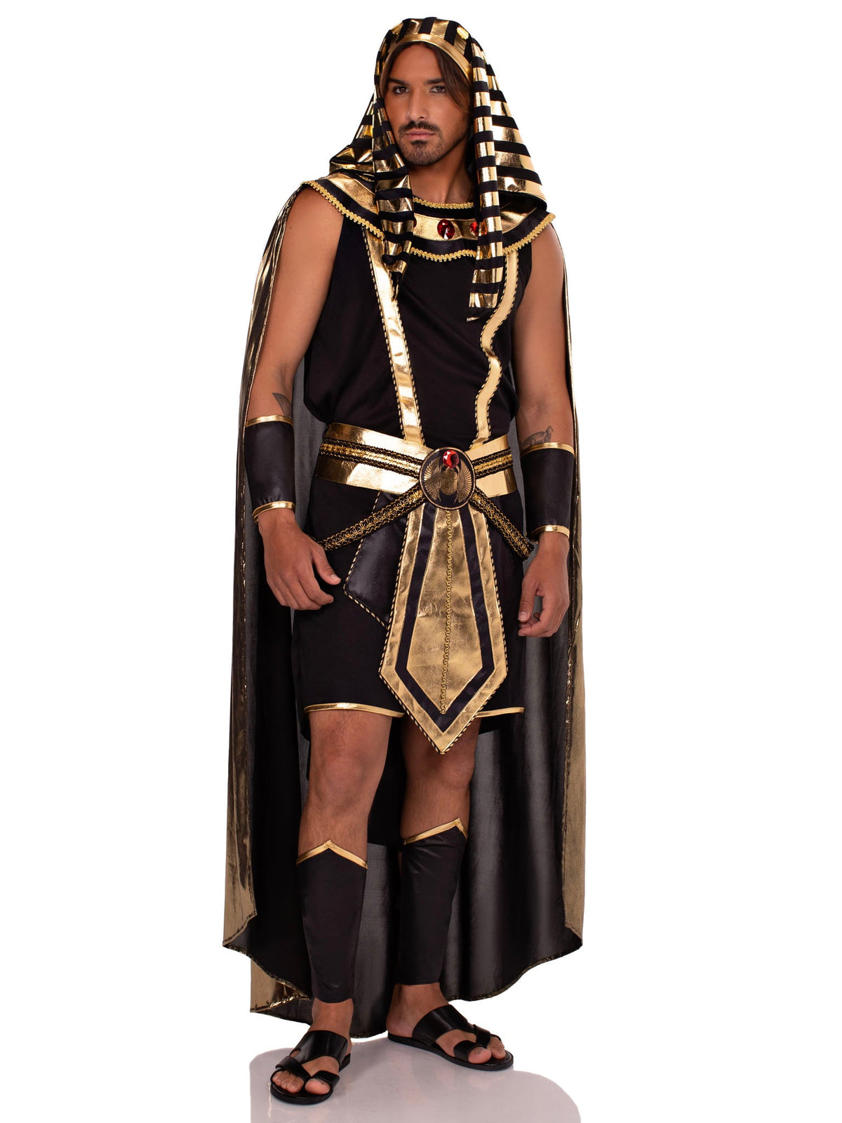 Men's 6 PC Pharaoh Costume, Includes Tank Top, Jeweled Collar with Attached Cape, Shorts with Attached Panel Belt, Wrist Cuffs, Leg Guards, and Head Piece