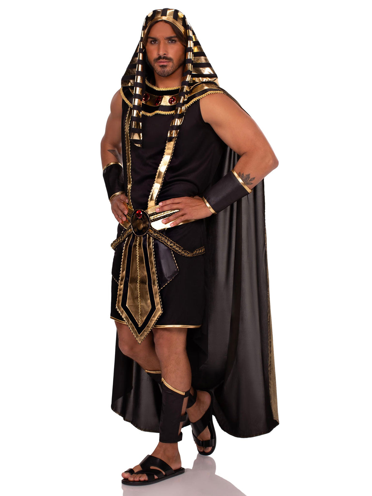Men's 6 PC Pharaoh Costume, Includes Tank Top, Jeweled Collar with Attached Cape, Shorts with Attached Panel Belt, Wrist Cuffs, Leg Guards, and Head Piece
