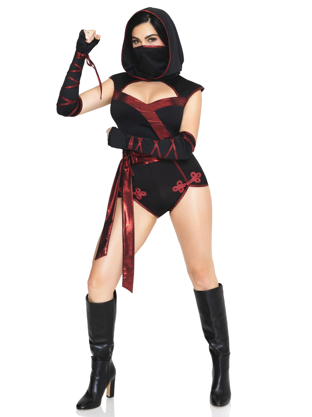 3 PC Shadow Strike Ninja Costume, Includes Romper with Attached Waist Sash, Gloves, and Hooded Face Mask.
