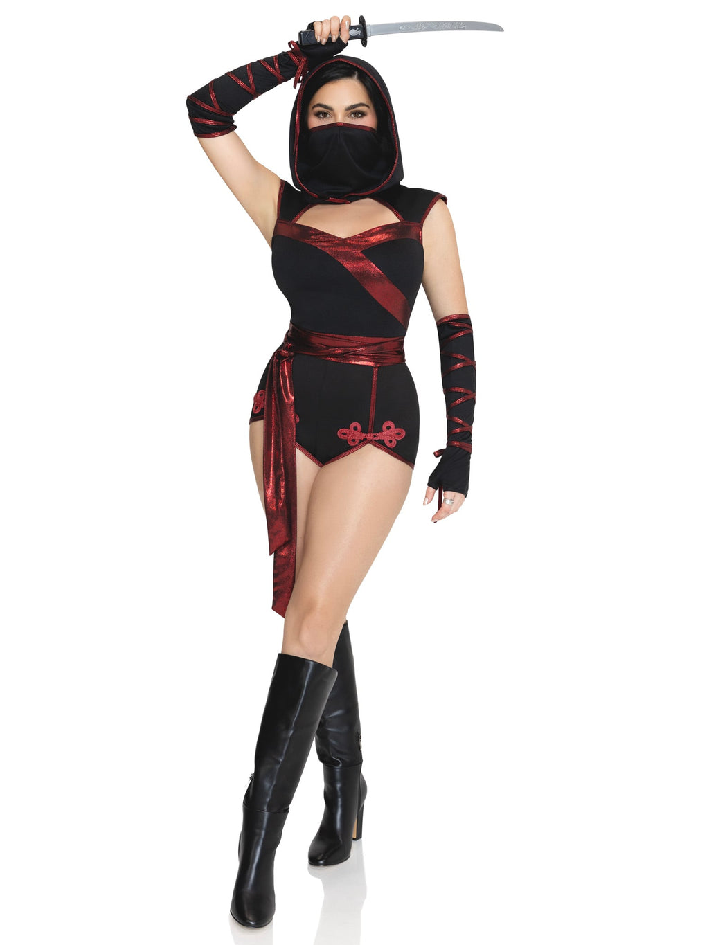 3 PC Shadow Strike Ninja Costume, Includes Romper with Attached Waist Sash, Gloves, and Hooded Face Mask.