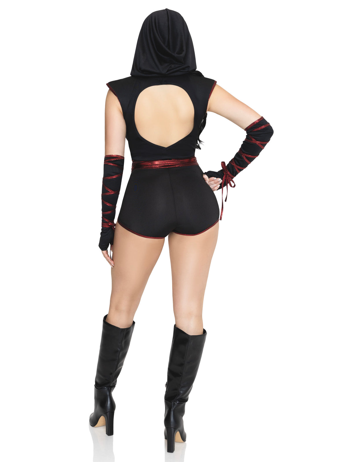3 PC Shadow Strike Ninja Costume, Includes Romper with Attached Waist Sash, Gloves, and Hooded Face Mask.