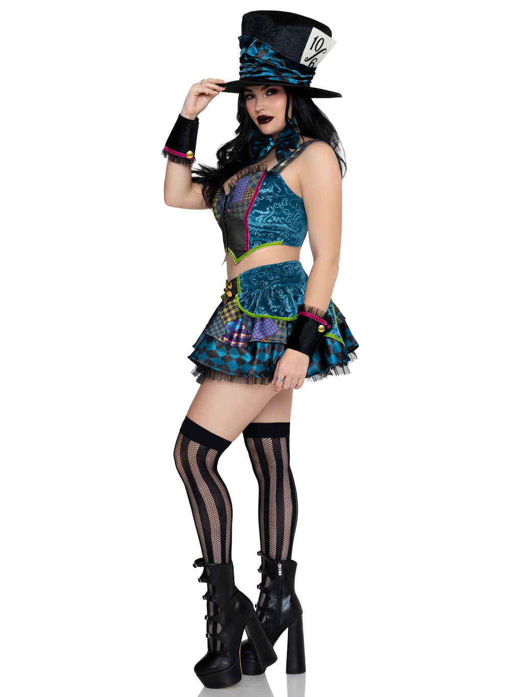 5 PC Darling Mad Hatter Costume, Includes Patchwork Print Top, Skirt, Bow Tie, Wrist Cuffs, and Hat.