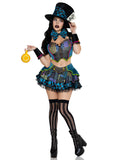 5 PC Darling Mad Hatter Costume, Includes Patchwork Print Top, Skirt, Bow Tie, Wrist Cuffs, and Hat.