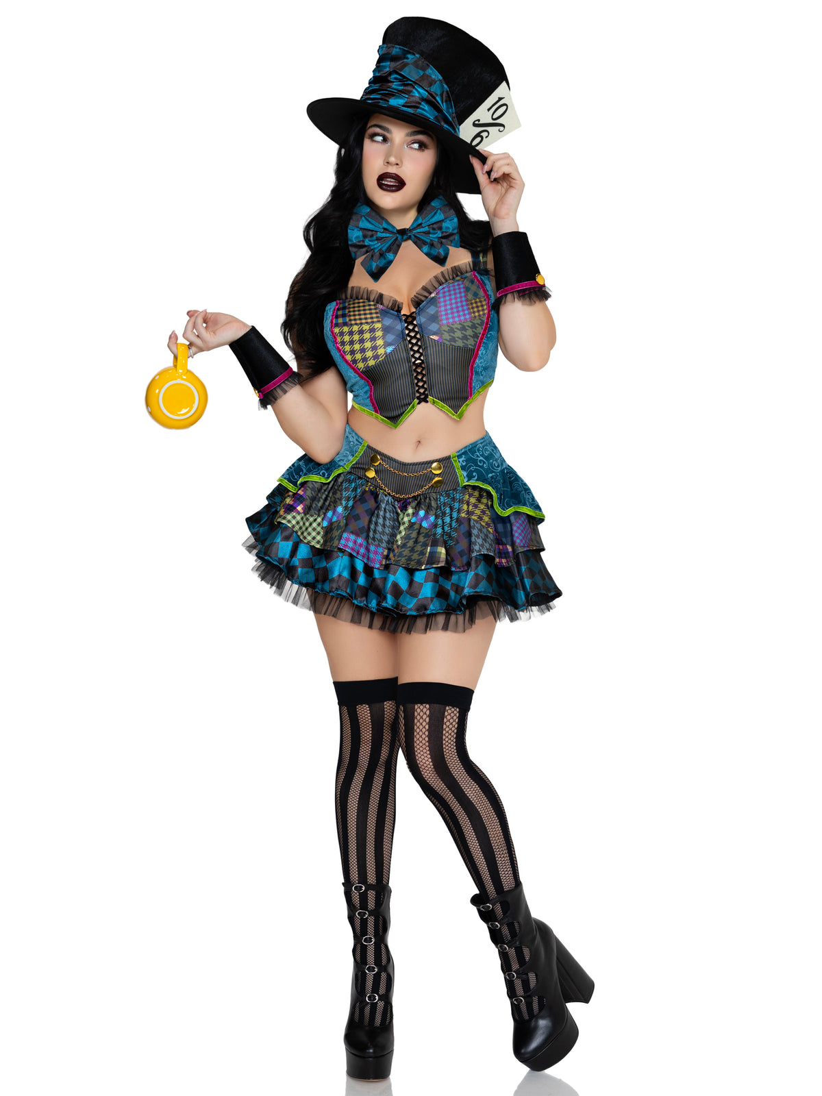 5 PC Darling Mad Hatter Costume, Includes Patchwork Print Top, Skirt, Bow Tie, Wrist Cuffs, and Hat.