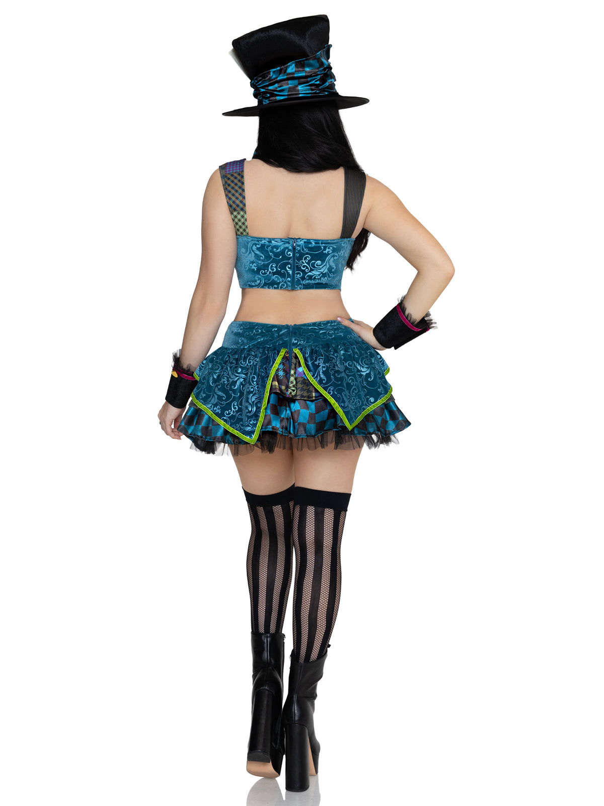 5 PC Darling Mad Hatter Costume, Includes Patchwork Print Top, Skirt, Bow Tie, Wrist Cuffs, and Hat.