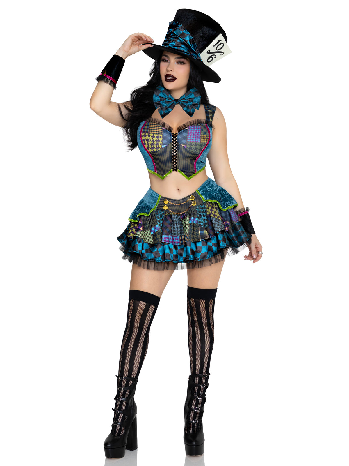 5 PC Darling Mad Hatter Costume, Includes Patchwork Print Top, Skirt, Bow Tie, Wrist Cuffs, and Hat.