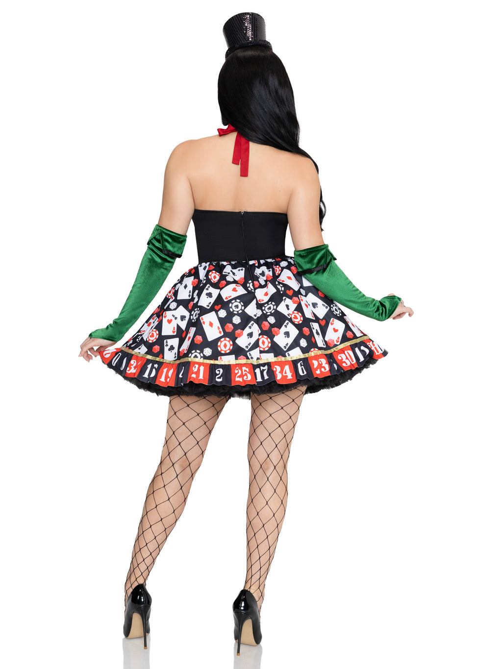 3 PC Lady Luck Costume, Includes Playing Card Dress with Roulette Skirt, Dollar Sign Bow Tie, and Velvet Gloves.