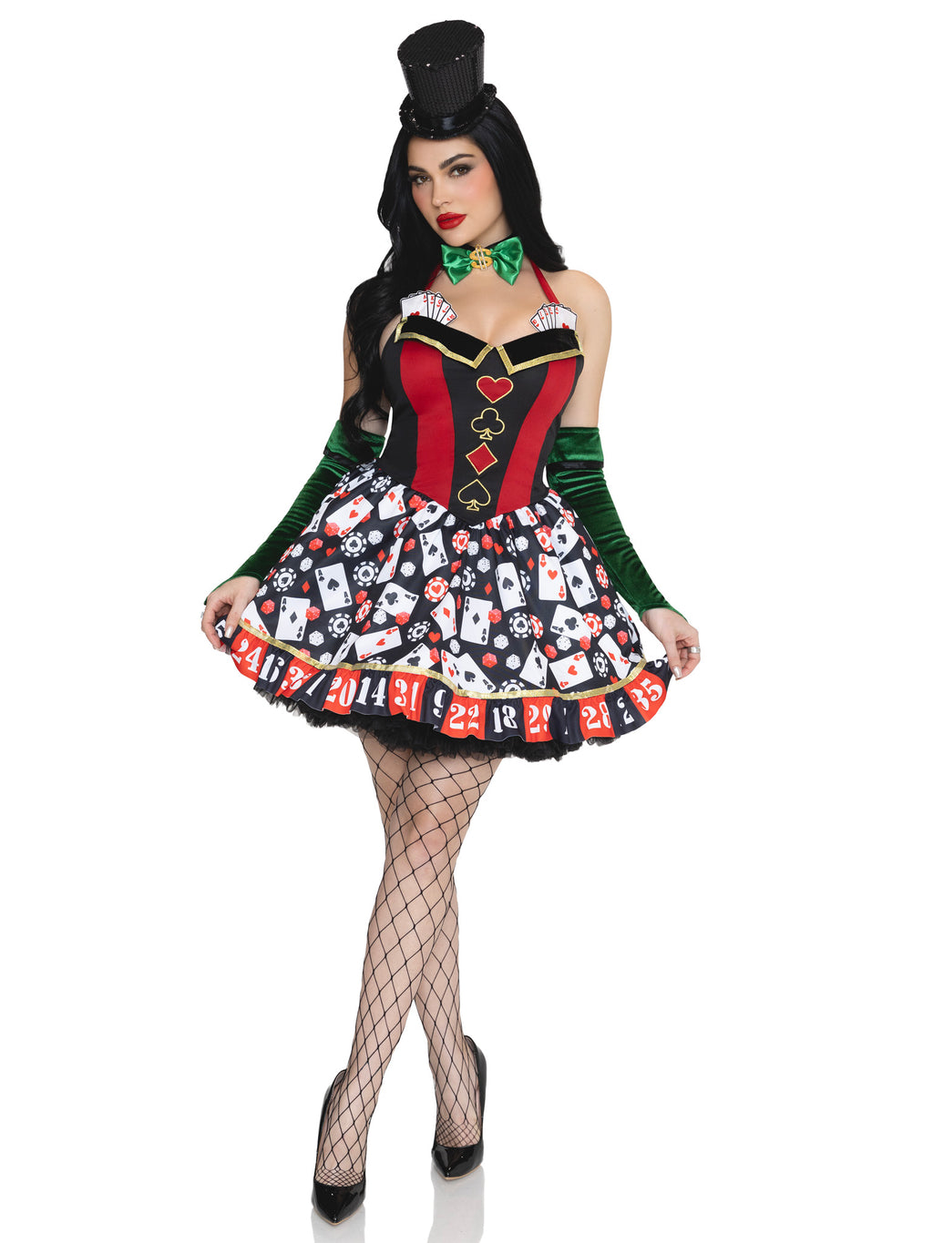 3 PC Lady Luck Costume, Includes Playing Card Dress with Roulette Skirt, Dollar Sign Bow Tie, and Velvet Gloves.