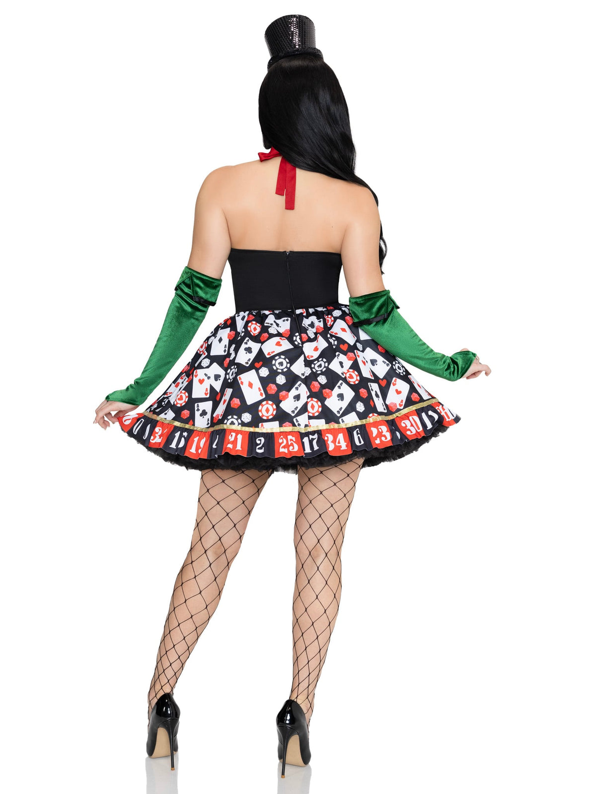 3 PC Lady Luck Costume, Includes Playing Card Dress with Roulette Skirt, Dollar Sign Bow Tie, and Velvet Gloves.