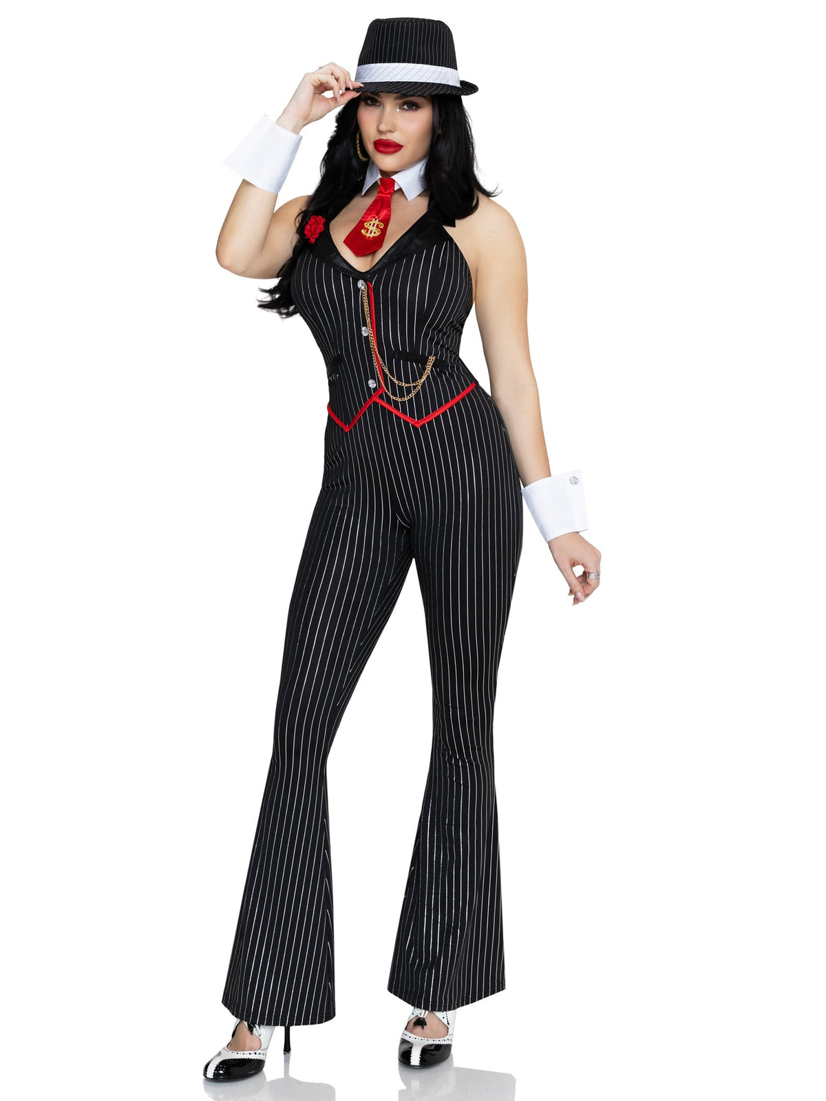 3 PC Mob Boss Babe Costume, Includes Jumpsuit with Flower and Chain Accent, Dollar Sign Tie, and Wrist Cuffs.