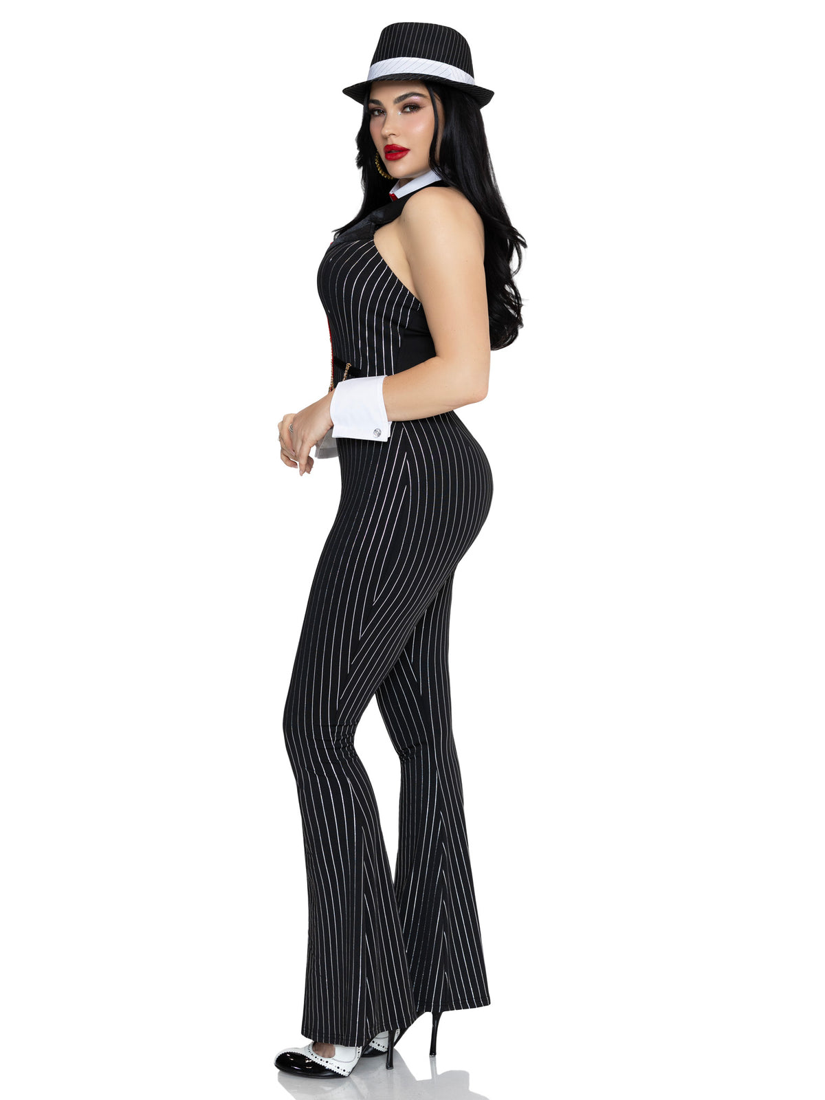 3 PC Mob Boss Babe Costume, Includes Jumpsuit with Flower and Chain Accent, Dollar Sign Tie, and Wrist Cuffs.