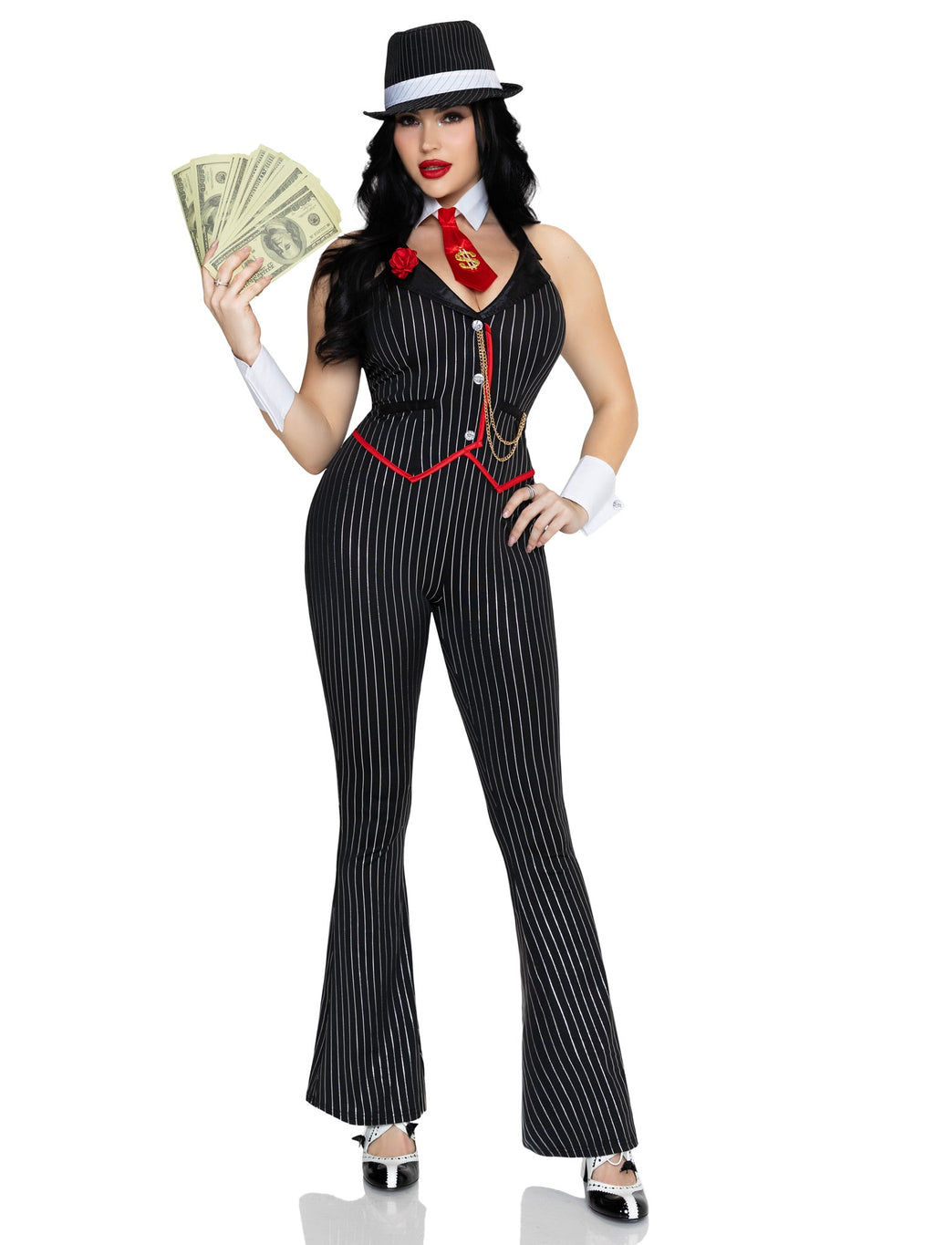 3 PC Mob Boss Babe Costume, Includes Jumpsuit with Flower and Chain Accent, Dollar Sign Tie, and Wrist Cuffs.