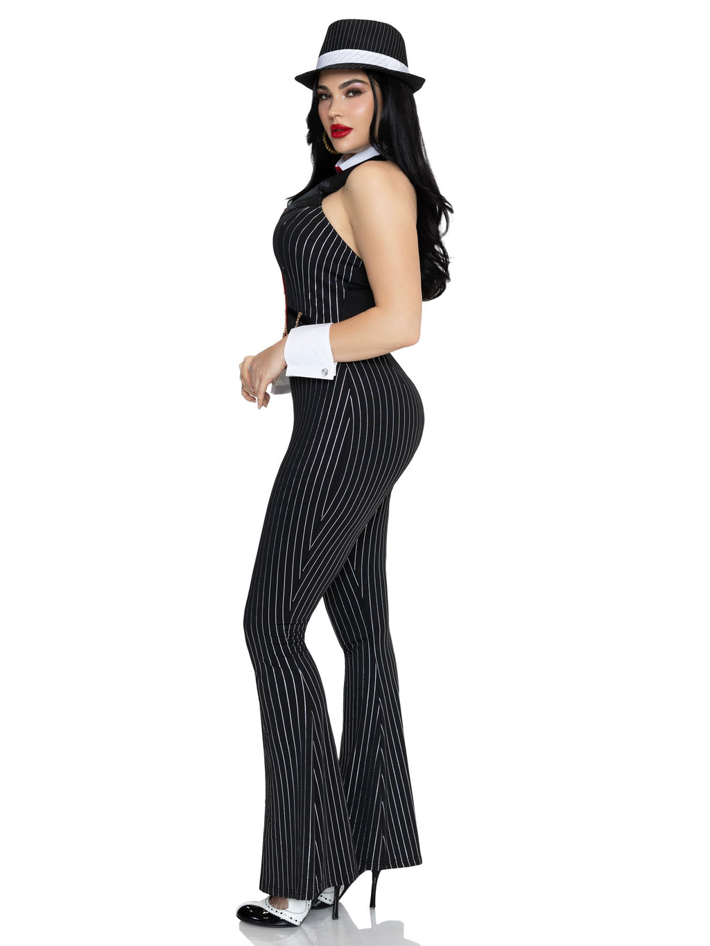 3 PC Mob Boss Babe Costume, Includes Jumpsuit with Flower and Chain Accent, Dollar Sign Tie, and Wrist Cuffs.