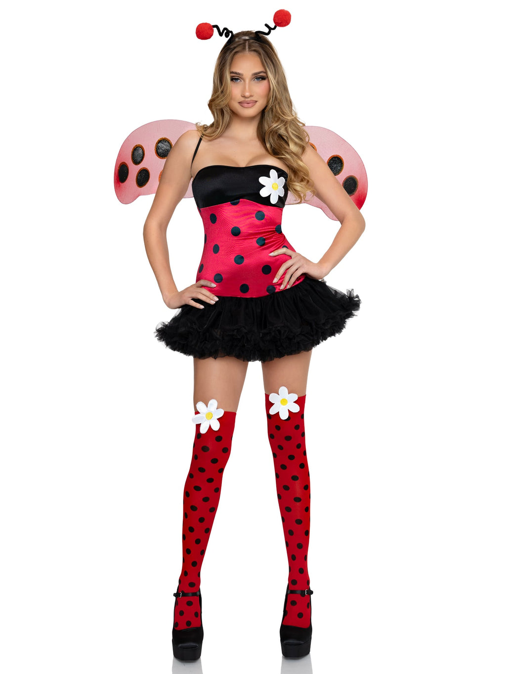 4 PC Daisy Bug Costume, Includes Tube Dress with Daisy Accent, Wings, Antennae Headband, and Thigh Highs.
