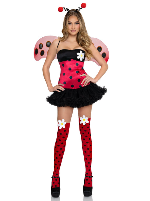 4 PC Daisy Bug Costume, Includes Tube Dress with Daisy Accent, Wings, Antennae Headband, and Thigh Highs.