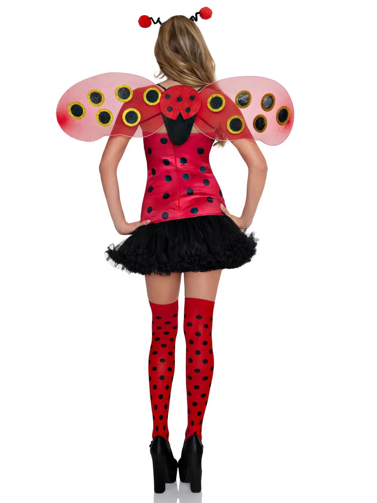 4 PC Daisy Bug Costume, Includes Tube Dress with Daisy Accent, Wings, Antennae Headband, and Thigh Highs.