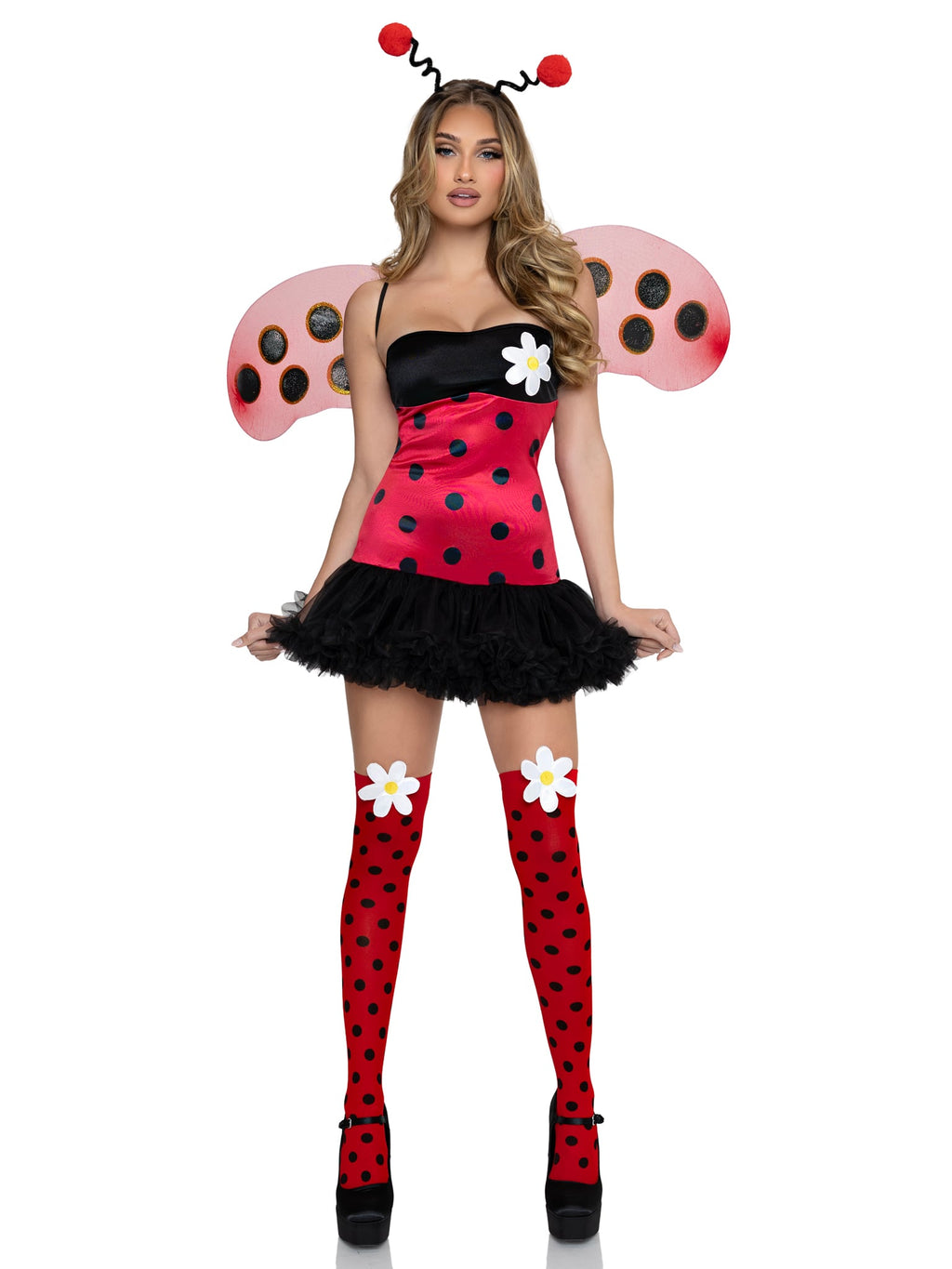 4 PC Daisy Bug Costume, Includes Tube Dress with Daisy Accent, Wings, Antennae Headband, and Thigh Highs.