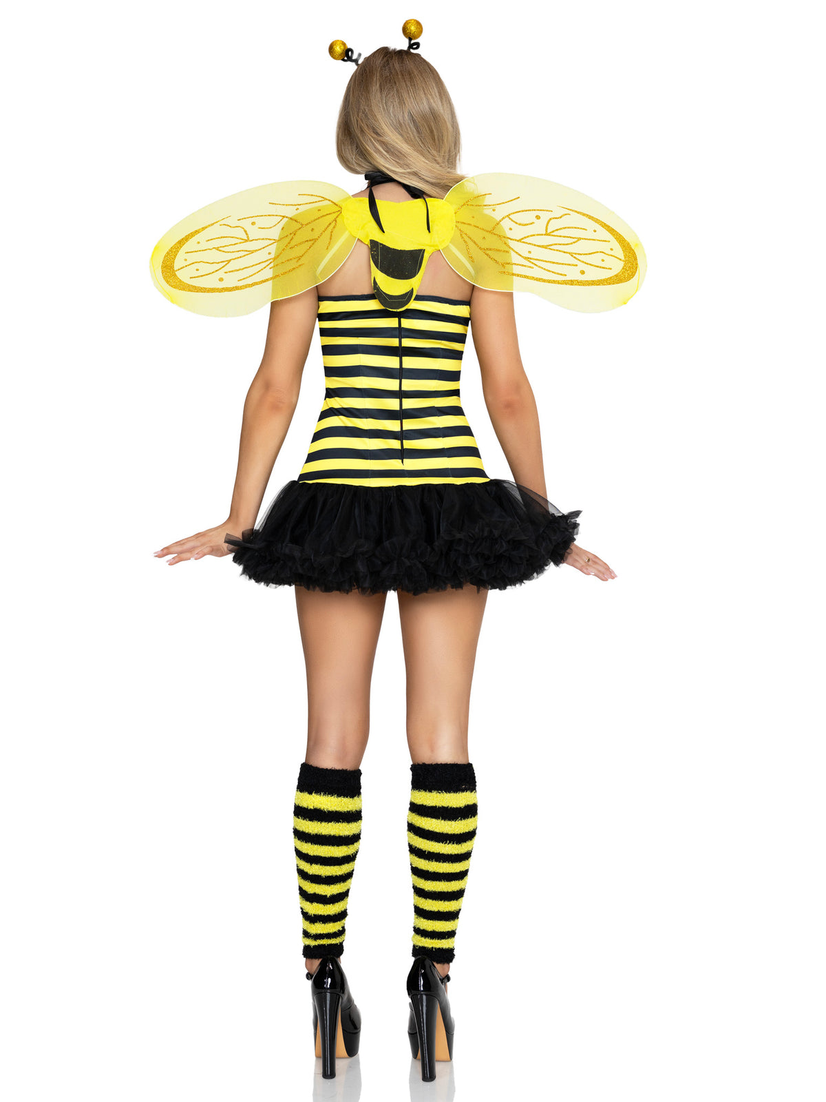 4 PC Daisy Bee Costume, Includes Halter Dress with Daisy Accent, Wings, Antennae Headband, and Leg Warmers.