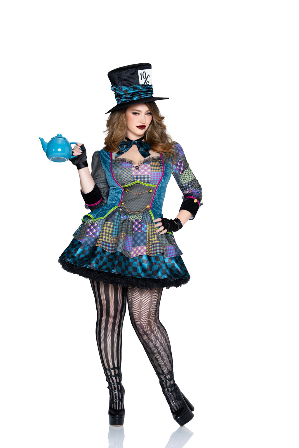 Plus Size 3 PC Charming Mad Hatter Costume, Includes Patchwork Dress, Bow Tie, and Hat.