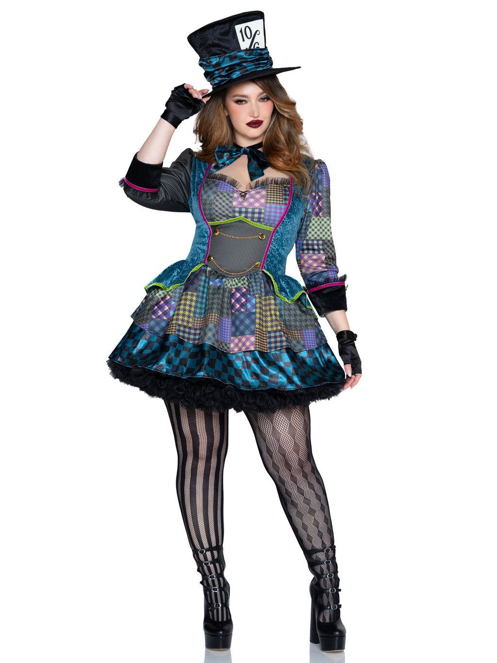 Plus Size 3 PC Charming Mad Hatter Costume, Includes Patchwork Dress, Bow Tie, and Hat.