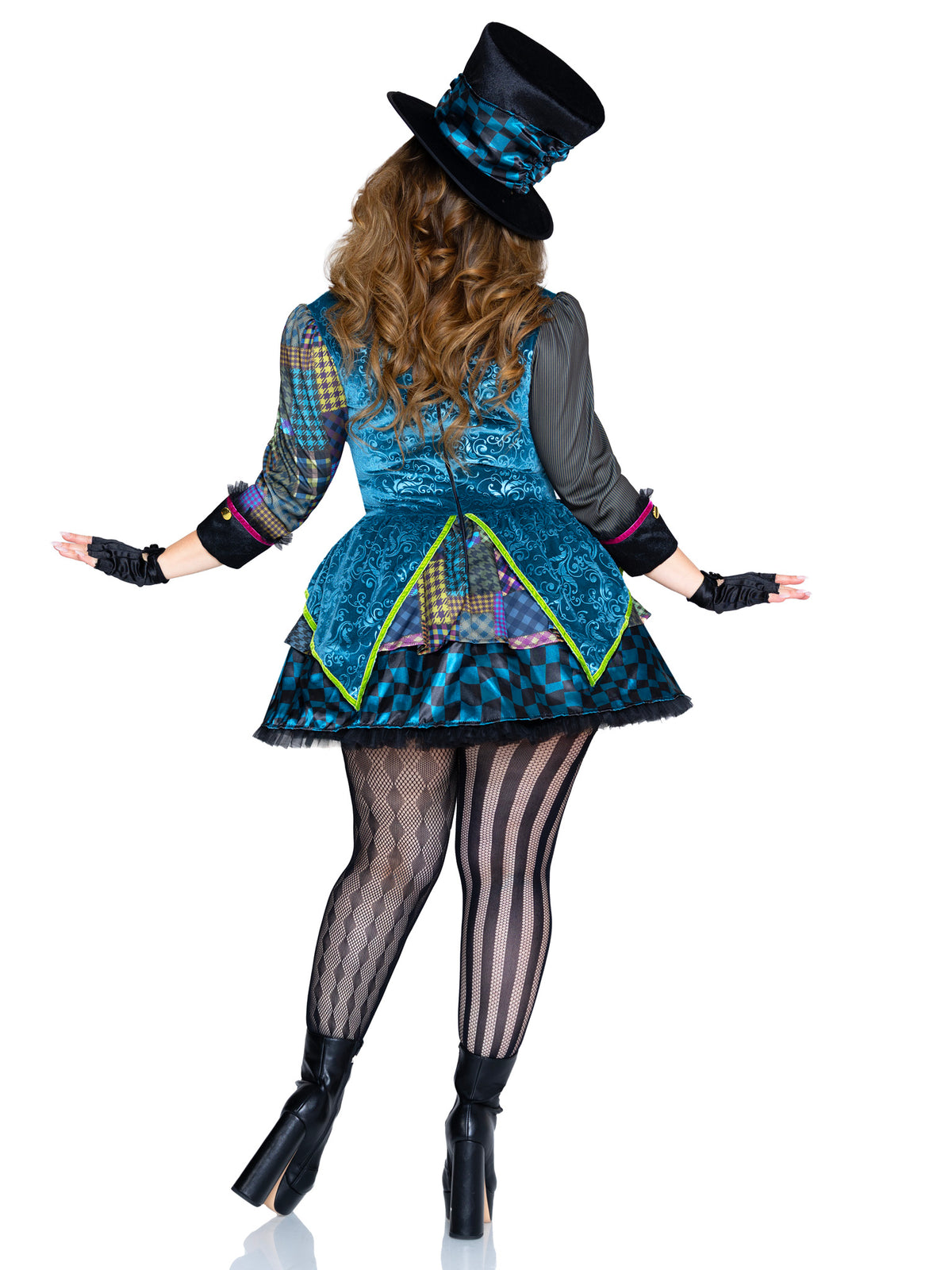 Plus Size 3 PC Charming Mad Hatter Costume, Includes Patchwork Dress, Bow Tie, and Hat.