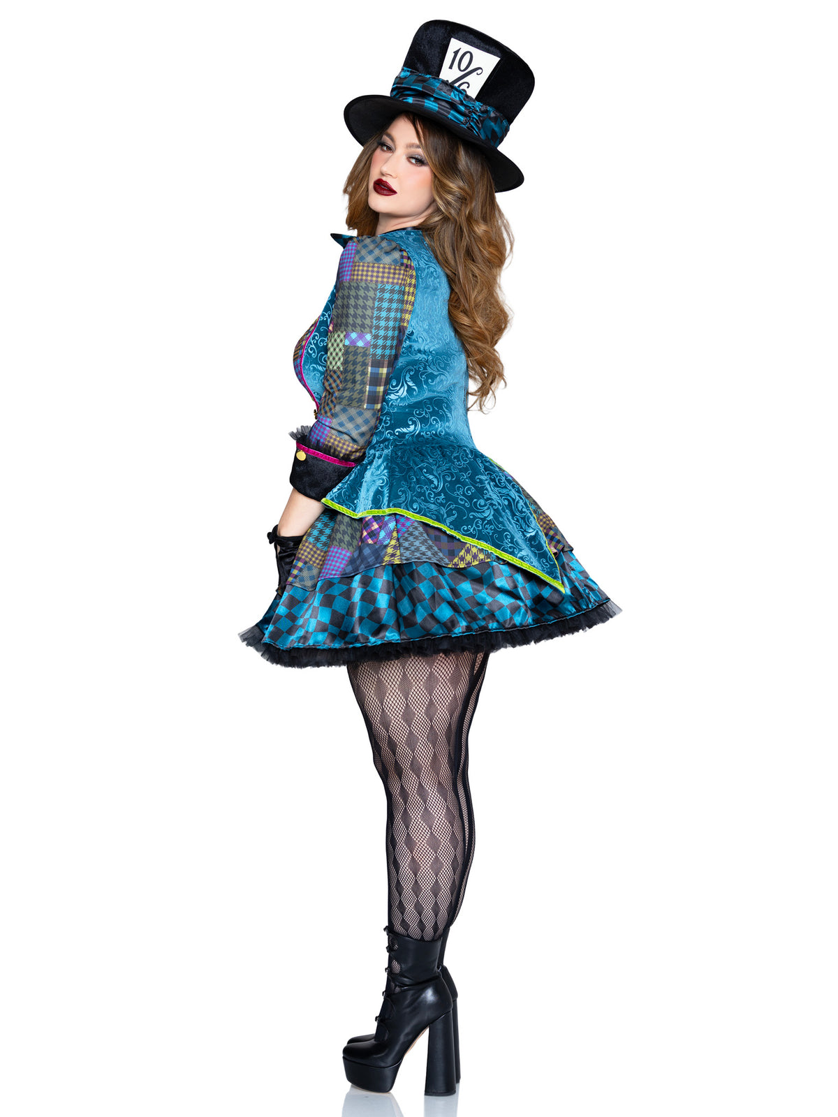 Plus Size 3 PC Charming Mad Hatter Costume, Includes Patchwork Dress, Bow Tie, and Hat.