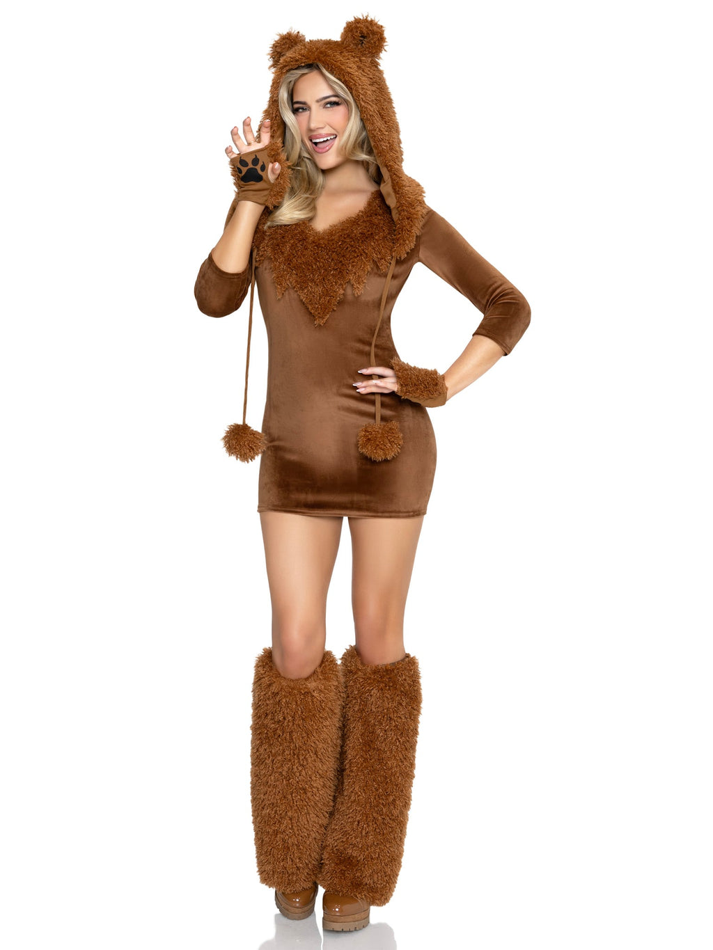 4 PC Honey Bear Costume, Includes Plush Velvet Dress with Furry Trim, Paw Gloves, Ear Hood, and Leg Warmers.