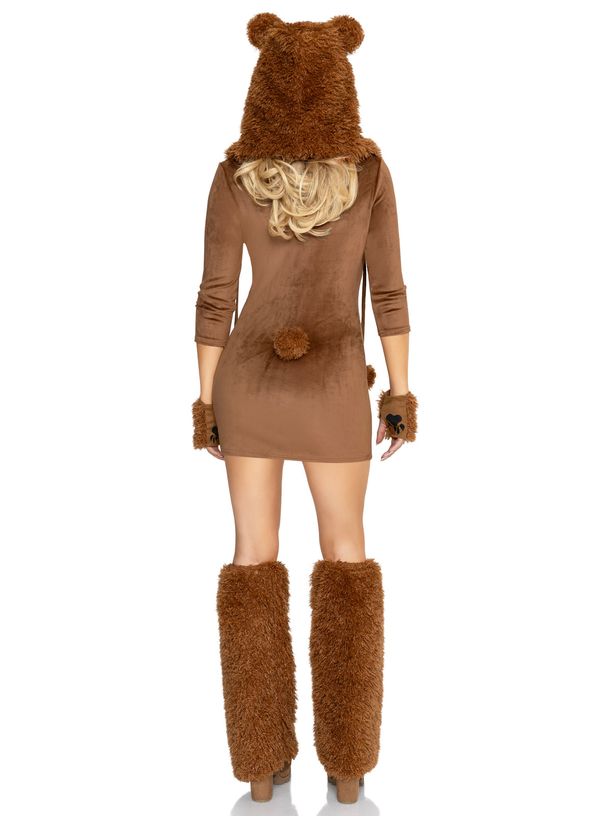 4 PC Honey Bear Costume, Includes Plush Velvet Dress with Furry Trim, Paw Gloves, Ear Hood, and Leg Warmers.
