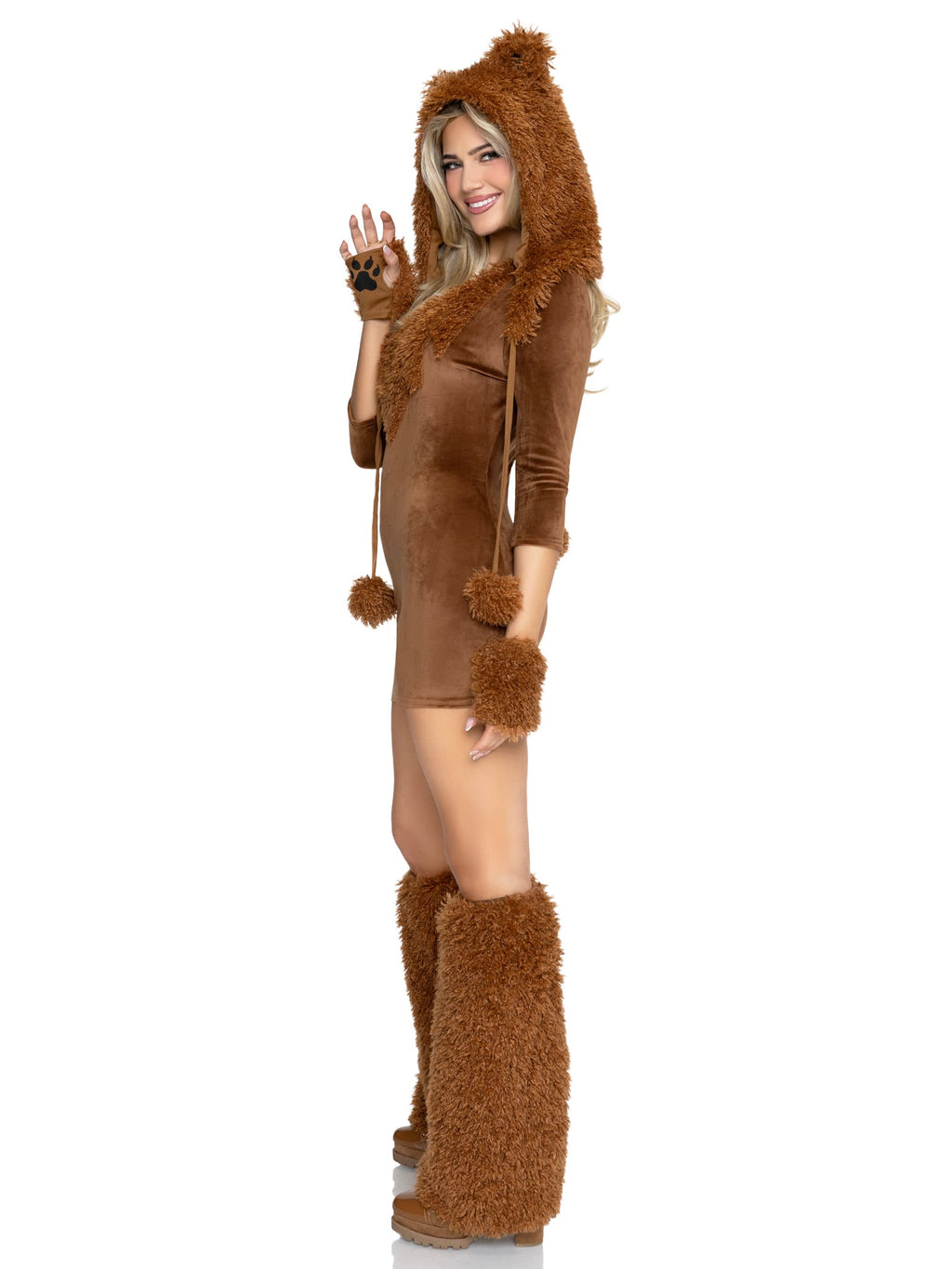 4 PC Honey Bear Costume, Includes Plush Velvet Dress with Furry Trim, Paw Gloves, Ear Hood, and Leg Warmers.