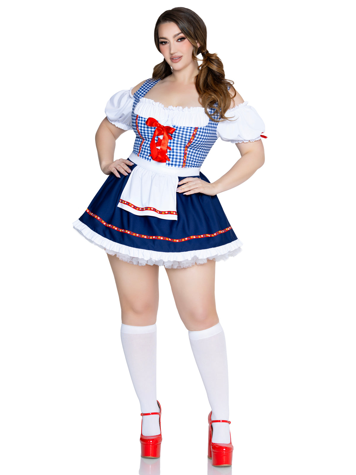 Plus Size 1 PC Oktoberfest Cutie Costume, Includes Gingham Apron Dress with Ribbon Trim.