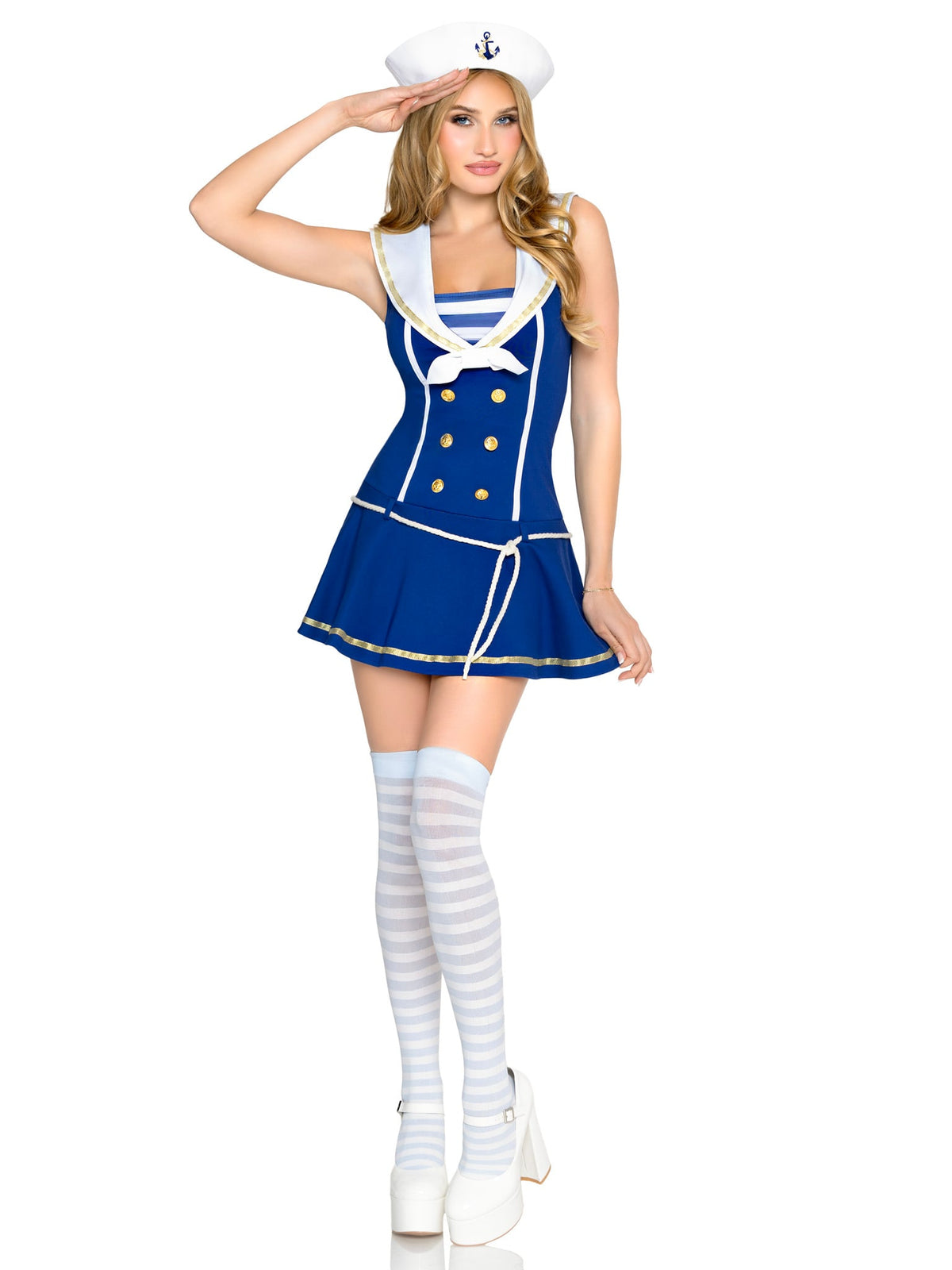 3 PC Sailor Sweetie Costume, Includes Dress with Button Accents, Rope Belt, and Sailor Hat.