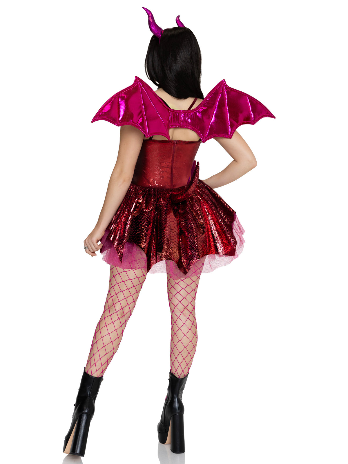 5 PC Fiery Dragon Costume, Includes Dress with Scale Skirt, Pin-On Tail, Dragon Wings, Studded Choker, and Horn Headband.