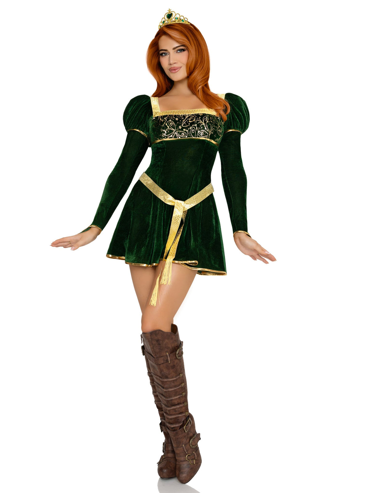 3 PC Swamp Princess Costume, Includes Velvet Dress with Gauntlet Sleeve, Belt, And Crown.