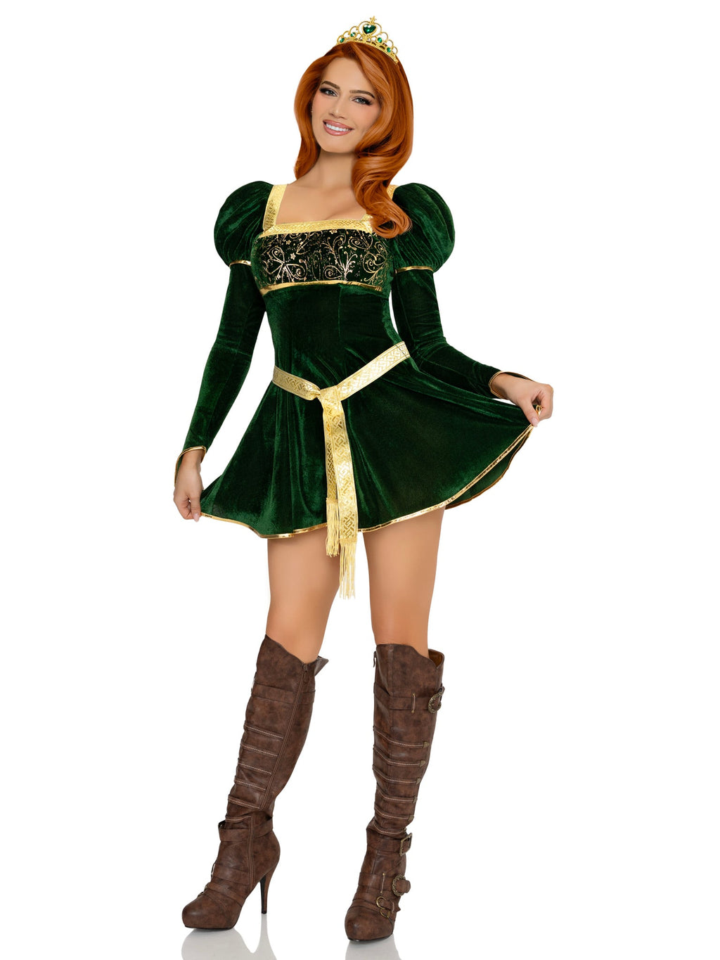 3 PC Swamp Princess Costume, Includes Velvet Dress with Gauntlet Sleeve, Belt, And Crown.